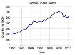 Graph of shark catch from 1950, linear growth from less than 200,000 tons per year in 1950 to about 500,000 in 2011