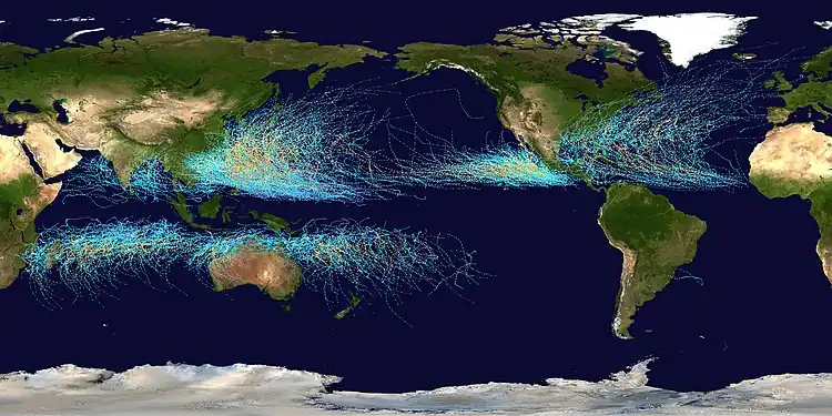 This map shows the tracks of all tropical cyclones that formed worldwide from 1985 to 2005. The points show the locations of the storms at six-hourly intervals and use the color scheme shown on the right from the Saffir-Simpson Hurricane Scale. (Credit: Nilfanion.)