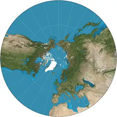 Image 12Gnomonic projectionMap: Strebe, using GeocartA gnomonic projection of a portion of the northern hemisphere, centered on the geographic North Pole. Such projections display all great circles as straight lines, resulting in any line segment on a gnomonic map showing the shortest route between the segment's two endpoints.More selected pictures