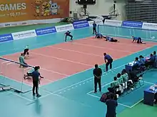 Egypt men's goalball team throwing towards Czech Republic. IBSA World Games, Seoul, South Korea (May 2015).