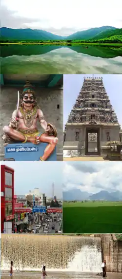 Clockwise from top: Bhavani River with Western Ghats, Pariyur Kondathu Kaliamman Temple, paddy fields, Kodiveri Dam, Cutchery Medu and Maha Muniappan