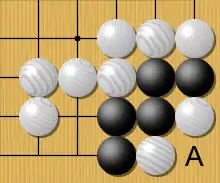 Image 21Under normal rules, White cannot play at A because that point has no liberties. Under the Ing and New Zealand rules, White may play A, a suicide stone that kills itself and the two neighboring white stones, leaving an empty three-space eye. Black naturally answers by playing at A, creating two eyes to live. (from Go (game))