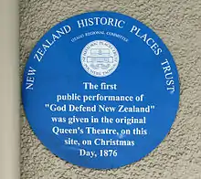 Historic Places Trust blue plaque in Dunedin at the site of the first performance of God Defend New Zealand