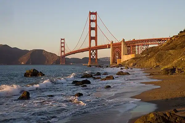 Image 29Bridges, such as Golden Gate Bridge, allow roads and railways to cross bodies of water. (from Transport)