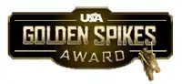 The words "GOLDEN SPIKES AWARD" in gold on a brown polygonal background, with a pair of golden baseball spikes dangling from the last "S" in "Spikes".  Above the lettering reads "USA" in white colour.