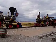 The current site of the Golden Spike National Historic Site, with replicas of No. 119 and the Jupiter facing each other to re-enact the driving of the Golden Spike.