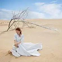 A red headed woman wearing a white dress sits in the middle of a desert with various tree branches located behind her.