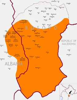 Gora (orange) in and villages in North Macedonia culturally and linguistically associated with (Jelovjane and Urvič)