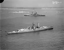 Admiral Graf Spee at Spithead in 1937; HMS Hood and Resolution lie in the background