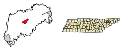 Location of Rutledge in Grainger County, Tennessee.