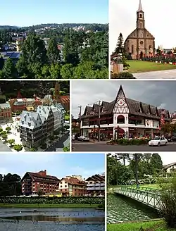 Top left:Panoramic view of Gramado, Top right:Gramado Matriz São Pedro Church, Middle left:Mini Mundo (Little World Park), Middle right:Central area, Bottom left:Joaquina Bier Lake, Bottom right:Negro Lake