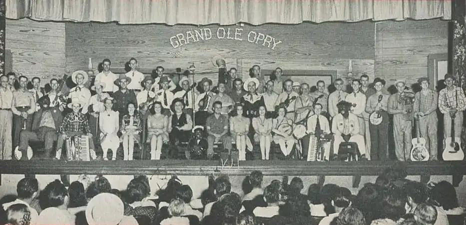 The Grand Ole Opry started its weekly broadcasts as the WSM Barn Dance on WSM in 1925.  The photo shows a performance in 1944.