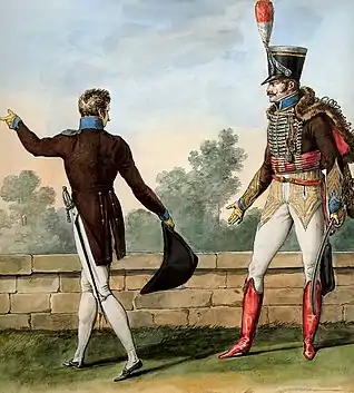 Major of hussars (right), with rank insignia in the form of braids on the sleeves and pants