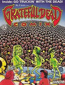 The Grateful Dead onstage; the musicians are disconcerted to see that the members of the audience are skeletons