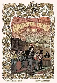 A comics-style drawing of the Grateful Dead performing onstage