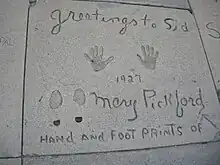 Pickford's handprints and footprints at Grauman's Chinese Theatre in Hollywood, California