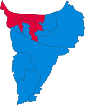 Map of the results of the 2023 Gravesham council election. Labour in red and Conservatives in blue.