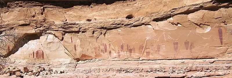 The Great Gallery, Pictographs, Canyonlands National Park, Horseshoe Canyon, Utah, 15 feet by 200 feet, ca. 1500 BCE