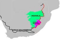 A map of South Africa showing the central plateau edged by the Great Escarpment and its relationship to the Highveld and Lesotho Highlands: The portion of the Great Escarpment shown in red is officially known as the Drakensberg, although most South Africans think of the Drakensberg as only that portion of the escarpment which forms the border between KwaZulu-Natal and Lesotho. Here, the escarpment rises to its greatest height, over 3000 m.