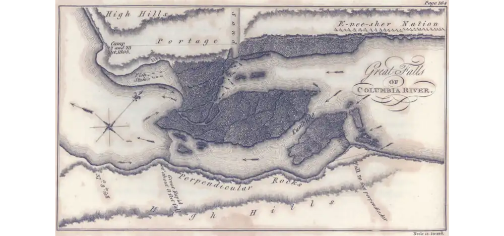 The location of the E-nee-sher as shown on Meriwether Lewis' map of Celilo Falls