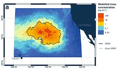 Map showing the extent of the Great Pacific Garbage Patch and the US West Coast