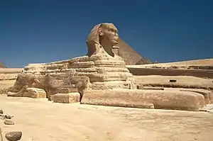 Great Sphinx of Giza, c. 2558–2532 BC, the largest monolithic statue in the world, standing 73.5 metres (241 ft) long, 6 metres (20 ft) wide, and 20.22 m (66.34 ft) high. Giza, Egypt.