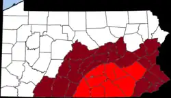 Map of Pennsylvania with the modern Pennsylvania Dutch Country highlighted in light red and the Greater Pennsylvania Dutch Country highlighted in maroon