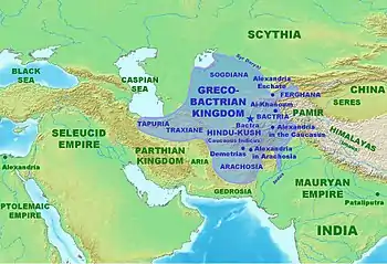 Approximate maximum extent of the Greco-Bactrian Kingdom circa 170 BC, under the reign of Eucratides the Great, including the regions of Tapuria and Traxiane to the West, Sogdiana and Ferghana to the north, Bactria and Arachosia to the south.