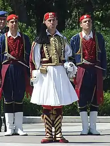 Evzone officer and Evzones in islander uniform