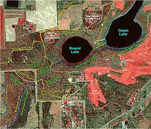 Satellite photograph of the park with labels.