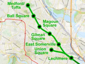 Map of the inner northwest suburbs of Boston, with existing subway lines shown. Two branches meet at Lechmere station in the southeast corner of the map. One branch goes west to Union Square; the other goes northwest to East Somerville, Gilman Square, Magoun Square, Ball Square, and Medford/Tufts.