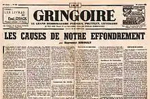 Sepia photograph of a double-page newspaper in small print, with "Gringoire" at the top