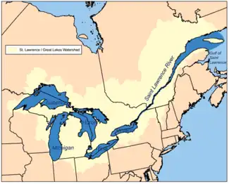 Image 40Map of the Saint Lawrence River/Great Lakes Watershed in North America. Its drainage area includes the Great Lakes, the world's largest system of freshwater lakes. The basin covers nearly all of Michigan. (from Michigan)