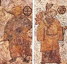 Paintings on tile of guardian spirits donned in Chinese robes, from the Han Dynasty (202 BC – 220 AD)