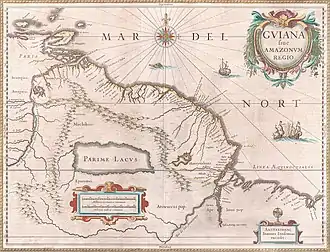 Image 1A map created circa 1649 depicting the Guiana region. Territory claimed by Spain in red to the west, Dutch Guiana highlighted in yellow and Portuguese territory in red to the southeast. The mythical Lake Parime is also visible. (from History of Guyana)