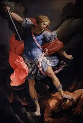 Guido Reni's Michael (in Santa Maria della Concezione church, Rome, 1636) tramples Satan. A mosaic of the same painting decorates St. Michael's Altar in St. Peter's Basilica.