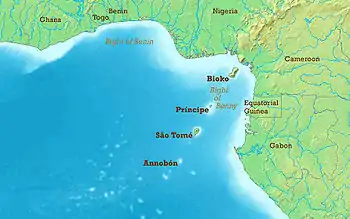 Image 8Map of the Gulf of Guinea, showing São Tomé, Príncipe, and Annobón. These islands, together with the island of Bioko and Mount Cameroon on the African mainland, are part of the Cameroon line of volcanoes.