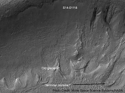 Gullies in a crater in Eridania, north of the large crater Kepler.  Also, features that may be remains of old glaciers are present.  One, to the right, has the shape of a tongue.  Image taken with Mars Global Surveyor, under the MOC Public Targeting Program.