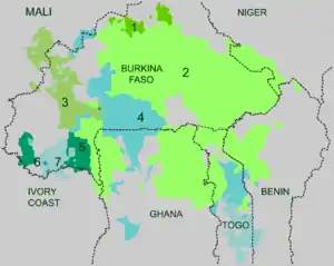 Map showing regions of Burkina Faso and neighboring countries where Gur languages are spoken:   Koromfé in a small area in the north; Oti–Volta languages, the most widespread; Bwamu in the west;  Gurunsi in the southern and southeastern areas; Kirma–Lobi in a small western area; Dogoso–Khe in a small extreme western area; and Doghose–Gan in a small western area.