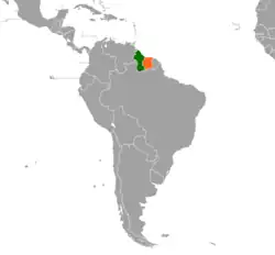 Map indicating locations of Guyana and Suriname