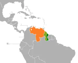 Map indicating locations of Guyana and Venezuela