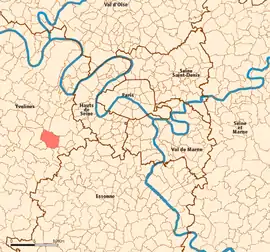 Location (in red) within Paris inner and outer suburbs