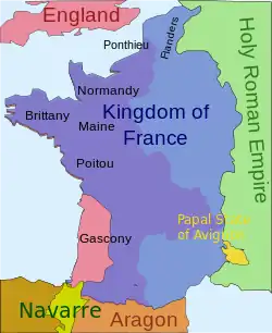 A map of French territory as it was in 1340, showing the enclave of Gascony in the south west