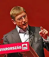 Colour photograph of Ferenc Gyurcsány as he gives a public speech in 2006