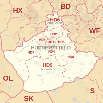 HD postcode area map, showing postcode districts, post towns and neighbouring postcode areas.