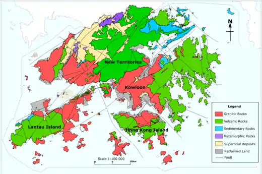 A Geological Map showing the distribution of types of rocks there. Castle Hill is in the area that shows it contained Granitic Rocks.