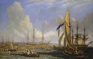 Oil painting of a three three-masted sailing ships seen from side against a background of cliffs, with many small boats filled with people in the foreground, and a larger single-masted boat in the right foreground.