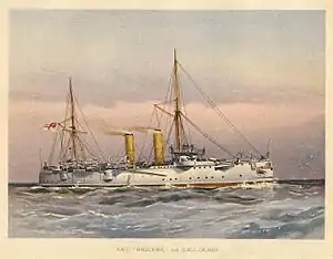 Chromolithograph of HMS Magicienne by W. Fred Mitchell, 1892