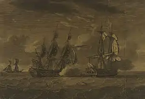 Dark engraving showing two sailing frigates on the starboard quarter, fighting a running battle. A smaller vessel is in the distance.