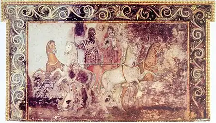 A fresco showing Hades and Persephone riding in a chariot, from the tomb of Queen Eurydice I of Macedon at Vergina, Greece, 4th century BC